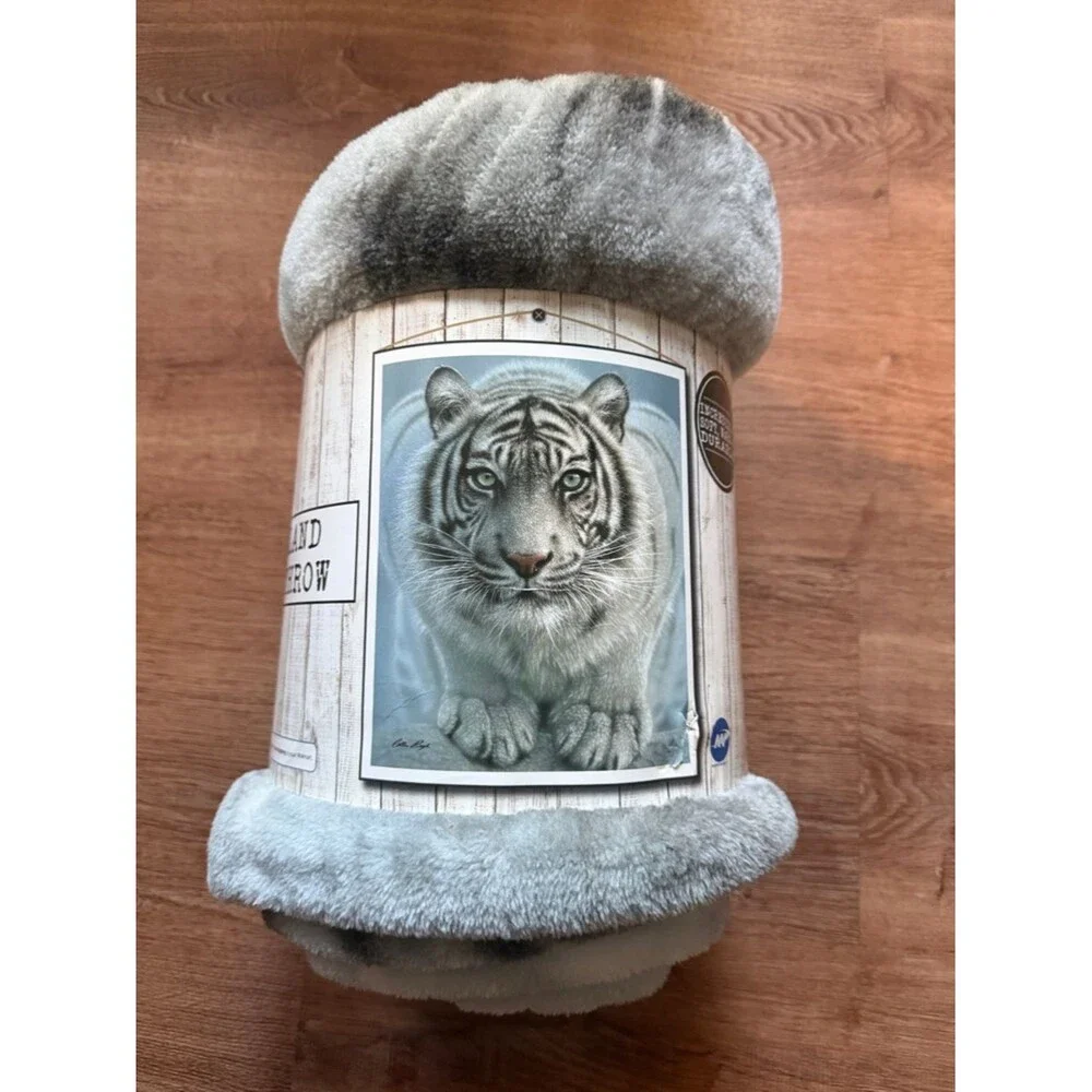 Heartland White Tiger Plush Throw Blanket - Grey Faux Fur